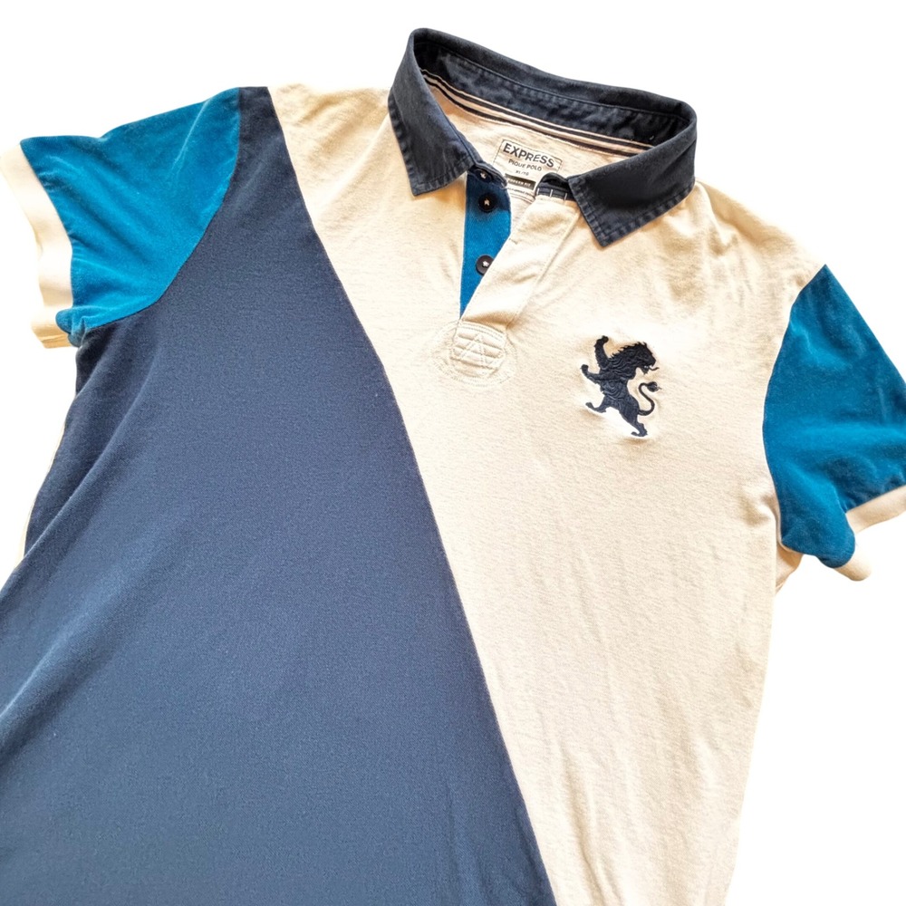 Express Pique‎ Polo Mens XL Blue White Colorblock Big Lion Logo Preppy
